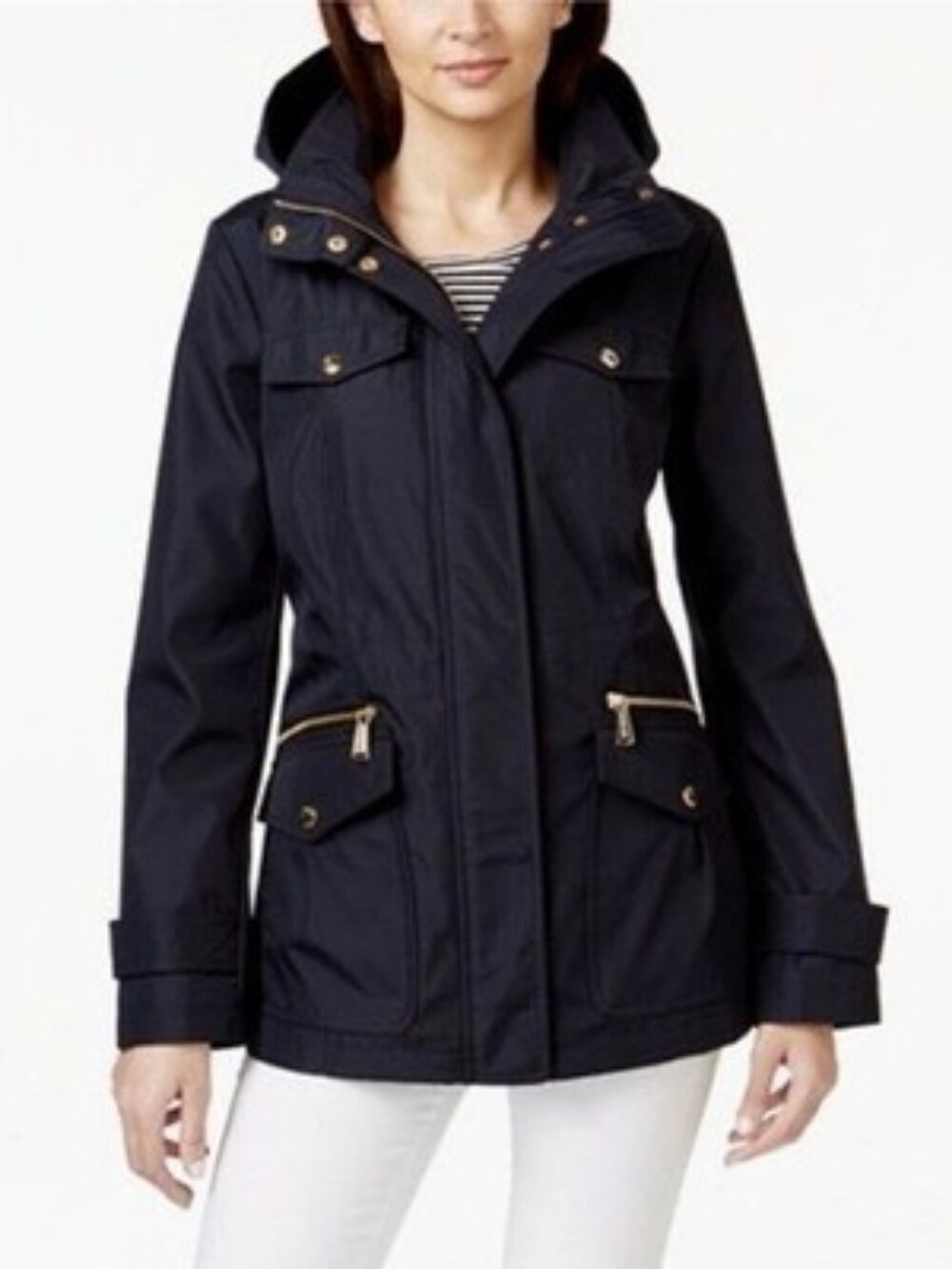 MICHAEL Michael Kors Navy Hooded Utility Jacket with Gold Hardware